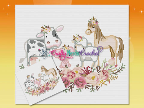 Baby Farm Animals With Flowers Floral Pattern Graph with SC Single Crochet and TSS written
