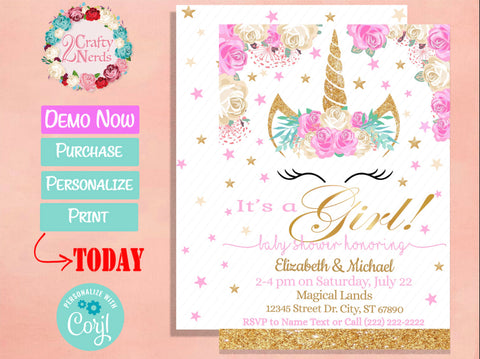 Unicorn Baby Shower Invitation Party Pastel Pink and White | Editable Instant Download | Edit Online NOW Corjl | INSTANT ACCESS