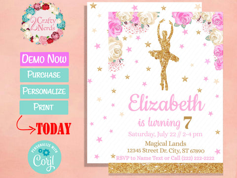 Ballerina Birthday Invitation Party Pastel Pink and White | Editable Instant Download | Edit Online NOW Corjl | INSTANT ACCESS
