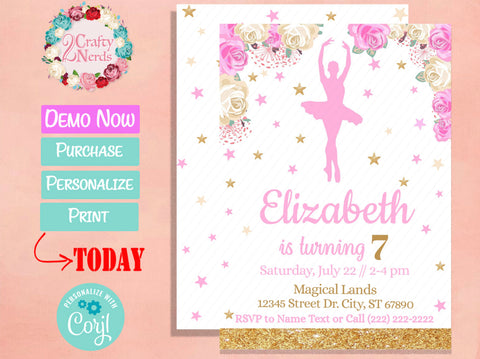 Ballerina Birthday Invitation Party Pastel Pink and White | Editable Instant Download | Edit Online NOW Corjl | INSTANT ACCESS