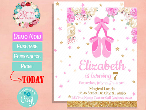 Ballerina Shoes Birthday Invitation Party Pastel Pink and White | Editable Instant Download | Edit Online NOW Corjl | INSTANT ACCESS