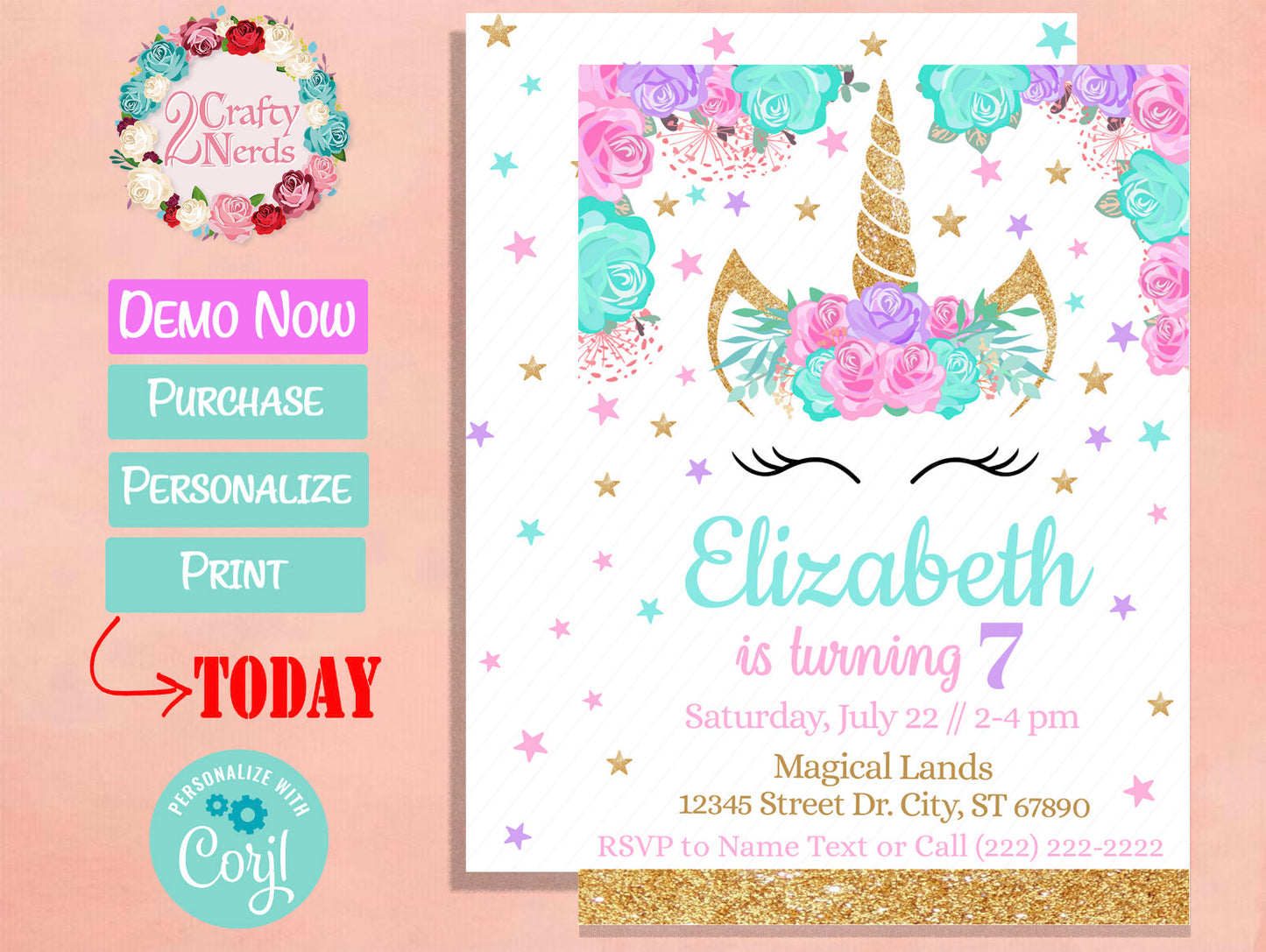 Unicorn Birthday Invitation Party Pastel Pink Turquoise Purple | Editable Instant Download | Edit Online NOW Corjl | INSTANT ACCESS