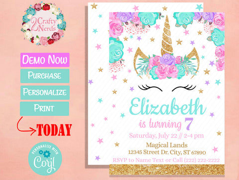 Unicorn Birthday Invitation Party Pastel Pink Turquoise Purple | Editable Instant Download | Edit Online NOW Corjl | INSTANT ACCESS