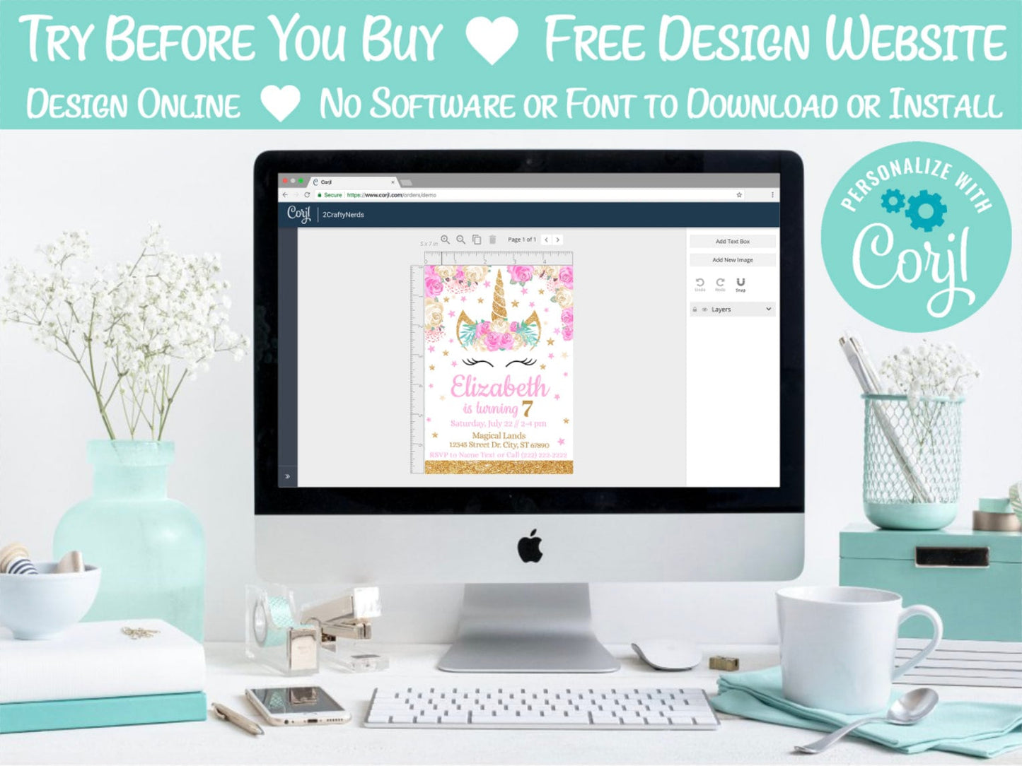 Unicorn Birthday Invitation Party Pastel Pink and White, Pastel Unicorn | Editable Instant Download | Edit Online NOW Corjl | INSTANT ACCESS
