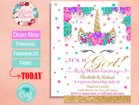 Unicorn Baby Shower Invitation Party Gold Pink and White | Editable Instant Download | Edit Online NOW Corjl | INSTANT ACCESS T1