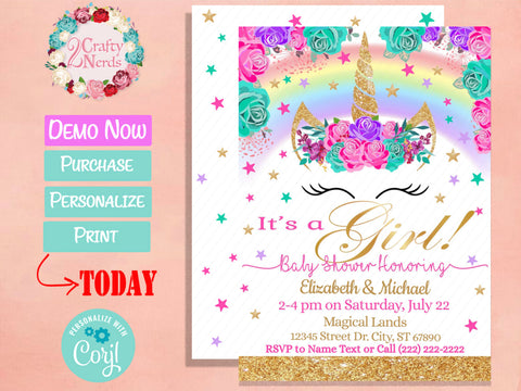Unicorn Baby Shower Invitation Party Rainbow Gold Pink and White | Editable Instant Download | Edit Online NOW Corjl | INSTANT ACCESS
