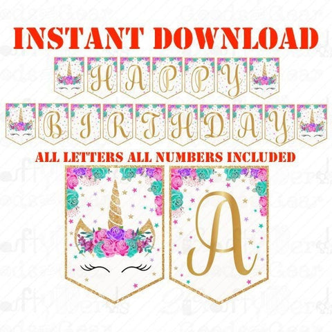 Unicorn Banner All Letters and Numbers, Hot Pink, Turquoise, Purple, & Gold Glitter INSTANT DOWNLOAD Digital PDF T1