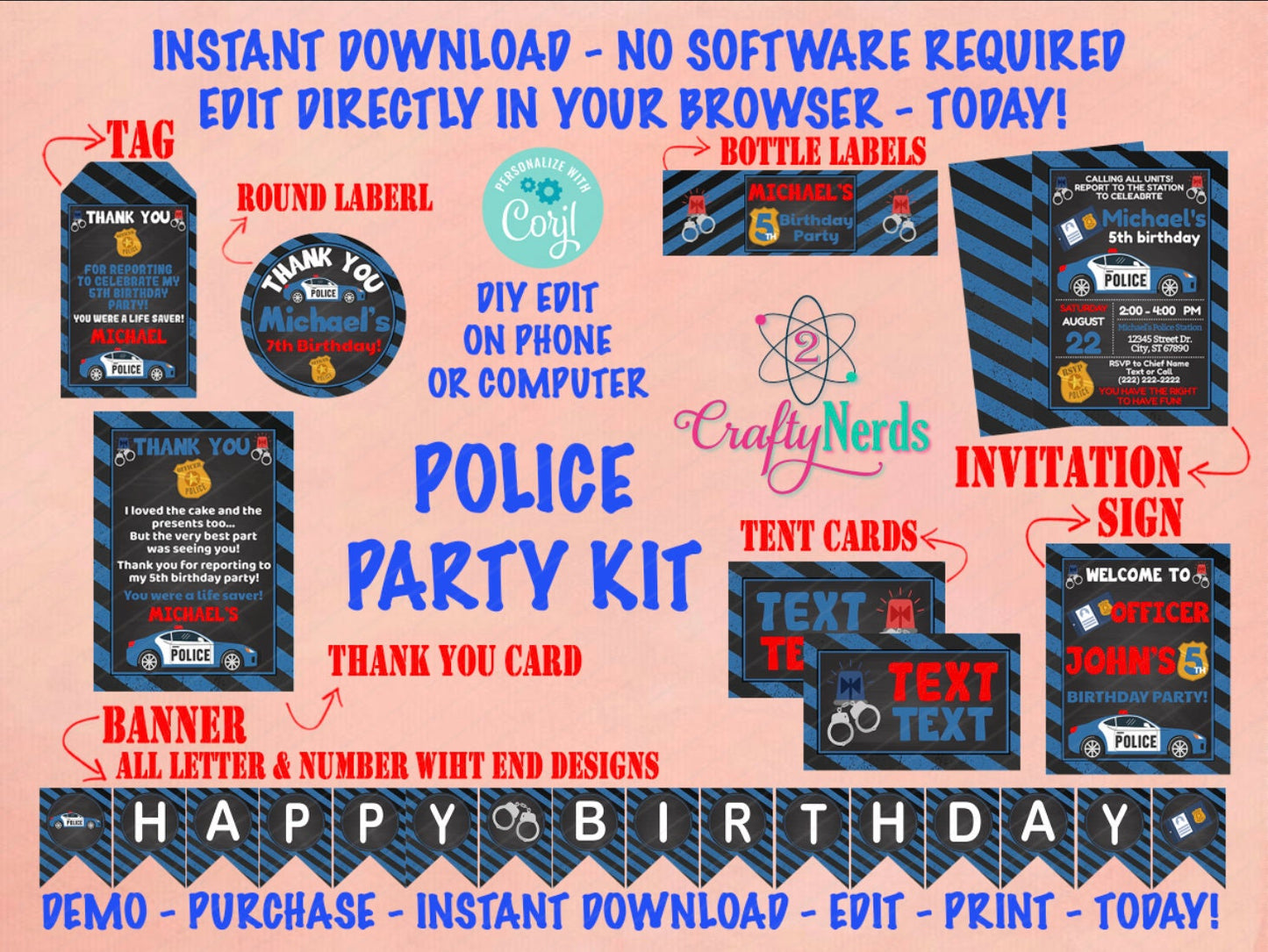 Police Birthday Invitation, Police Party, Police invitation, Cop Party | Editable Instant Download | Edit Online NOW Corjl | INSTANT ACCESS