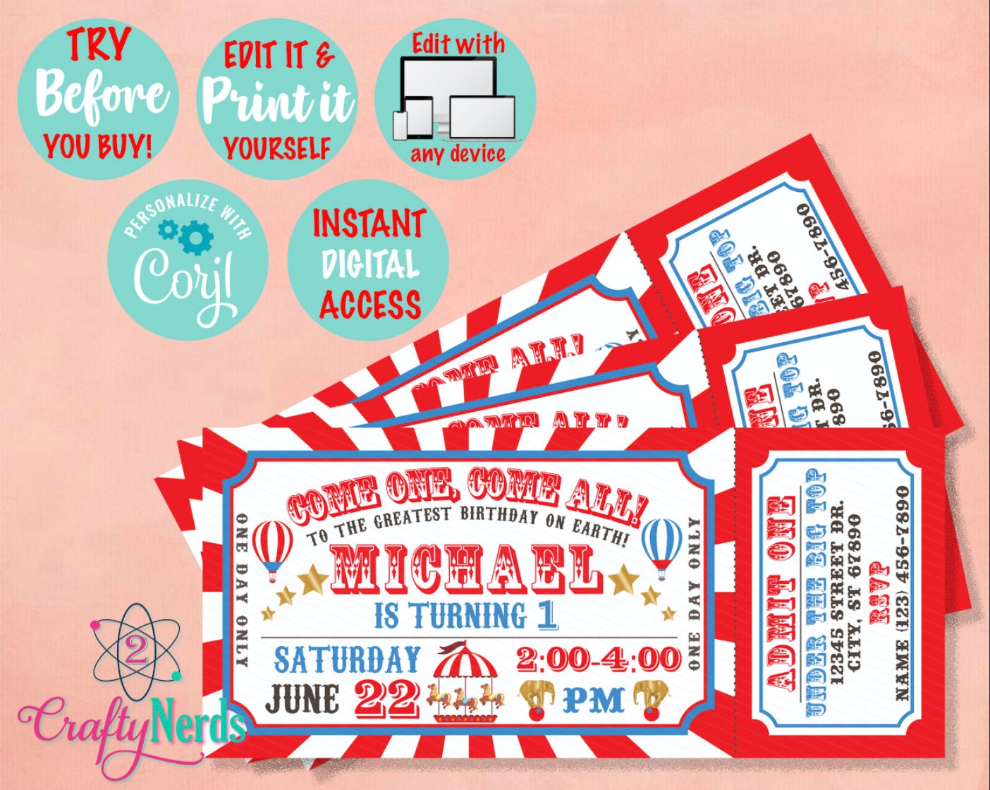 Circus Carnival Ticket Birthday Party Pack, Circus Birthday invitation | Editable Instant Download | Edit Online NOW Corjl | INSTANT ACCESS