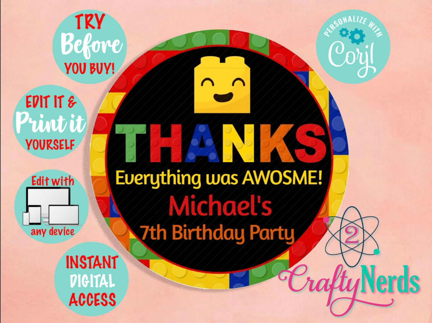 Building Blocks Birthday Party Pack, Labels Tags Banner Colorful Bricks | Editable Instant Download | Edit Online NOW Corjl | INSTANT ACCESS