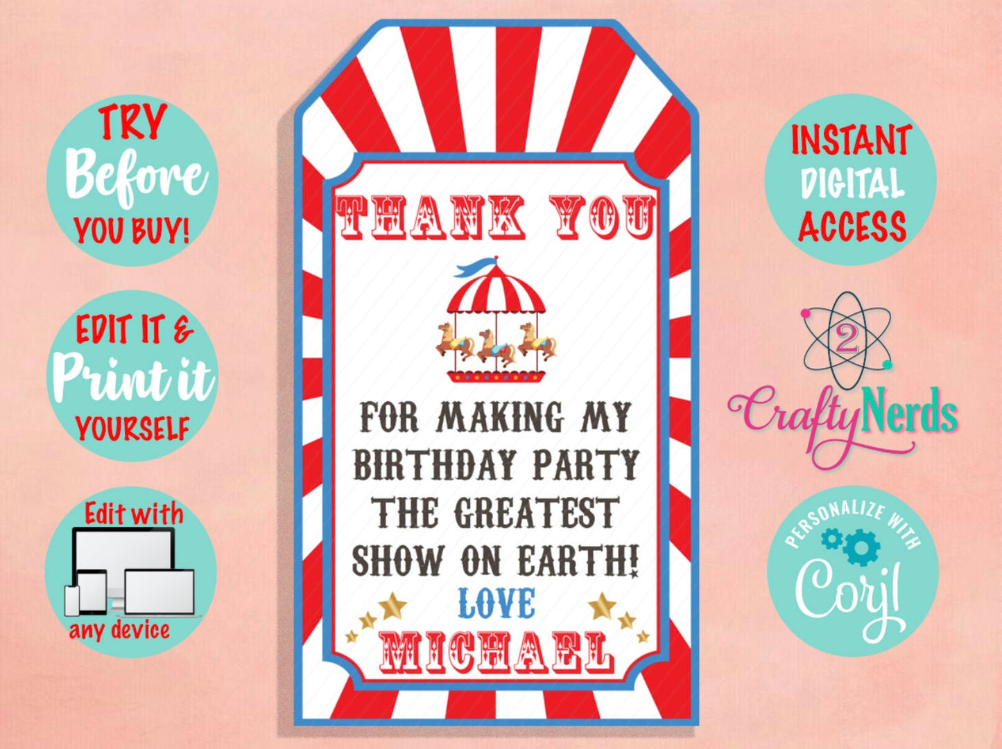 Circus Carnival Ticket Birthday Party Pack, Circus Birthday invitation | Editable Instant Download | Edit Online NOW Corjl | INSTANT ACCESS