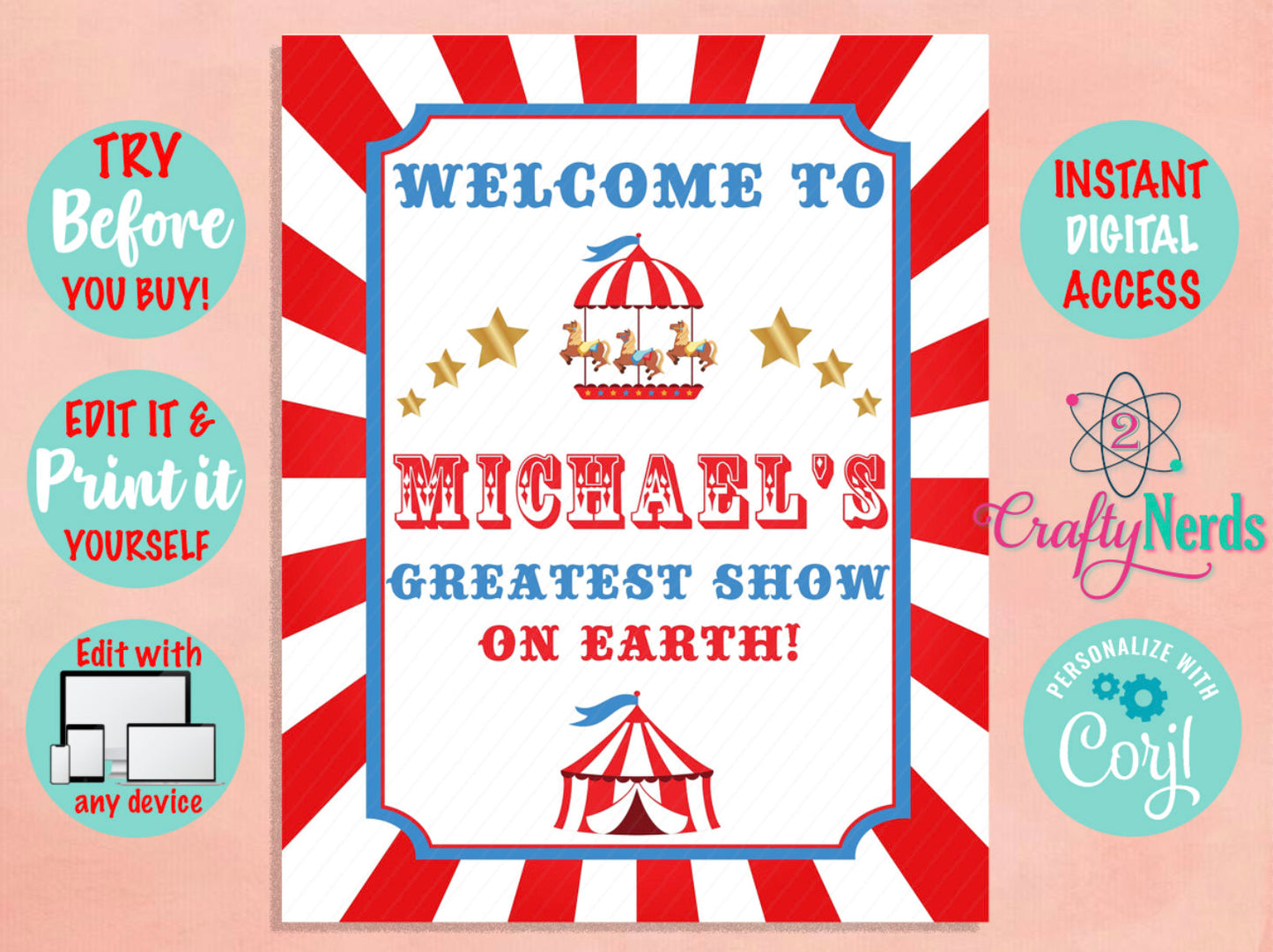 Circus Carnival Ticket Birthday Party Pack, Circus Birthday Party Decor | Editable Instant Download | Edit Online NOW Corjl | INSTANT ACCESS