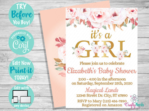Floral Baby Shower Invitation Party, Flower Baby Shower Invitation | Editable Instant Download | Edit Online NOW Corjl | INSTANT ACCESS T1