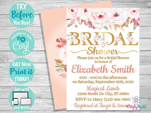 Floral Bridal Shower Invitation Party, Flower Bridal Shower, Blush | Editable Instant Download | Edit Online NOW Corjl | INSTANT ACCESS T1