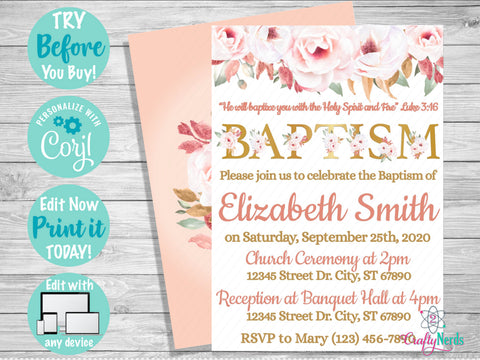 Floral Baptism Invitation Party, Flower Baptism Invitation, Blush | Editable Instant Download | Edit Online NOW Corjl | INSTANT ACCESS T1