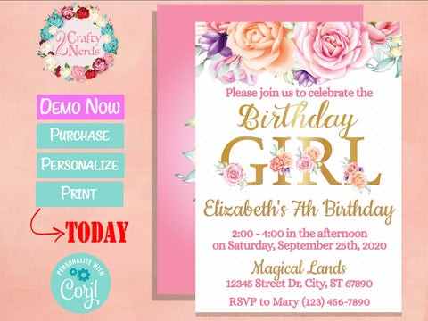 Floral Birthday Invitation Party, Flower Birthday Invitation, Pink | Editable Instant Download | Edit Online NOW Corjl | INSTANT ACCESS T1