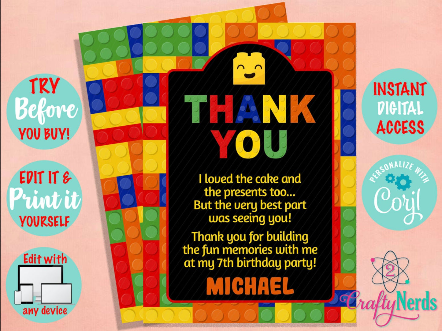 Building Blocks Birthday Party Pack, Labels Tags Banner Colorful Bricks | Editable Instant Download | Edit Online NOW Corjl | INSTANT ACCESS