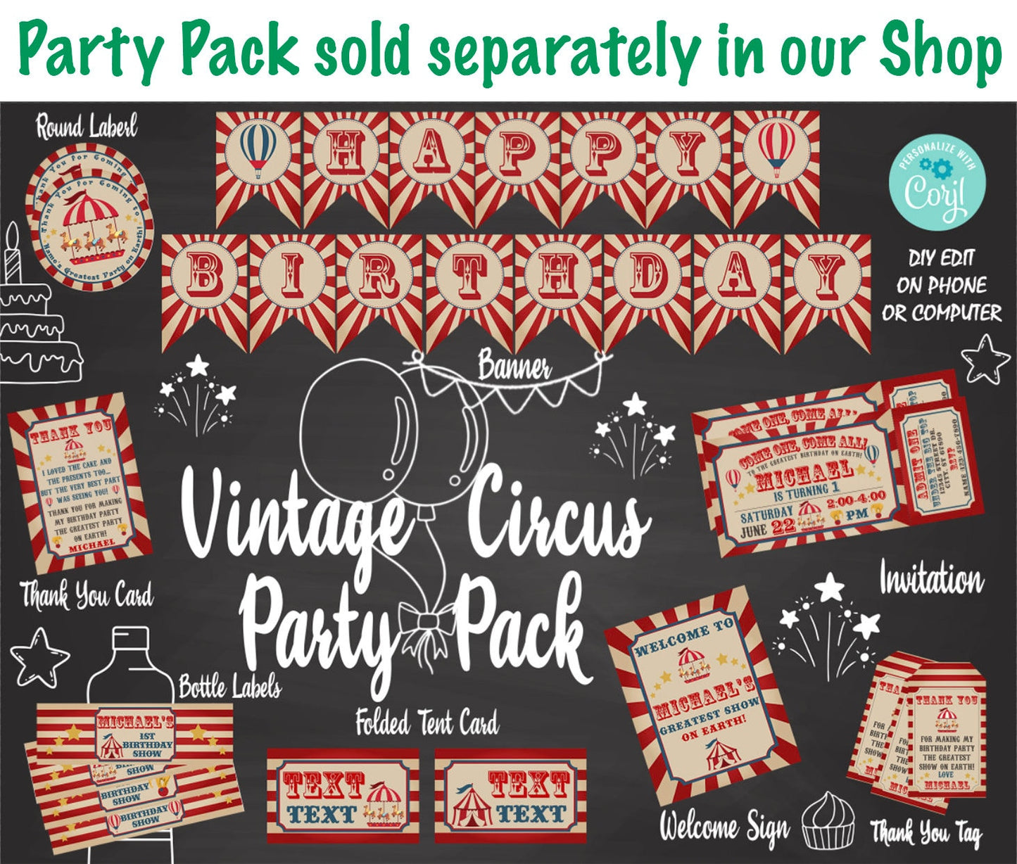 Circus Birthday Chips Bag, Carnival Party Popcorn Bag, 1oz Snack Bag | Editable Instant Download | Edit Online NOW Corjl | INSTANT ACCESS