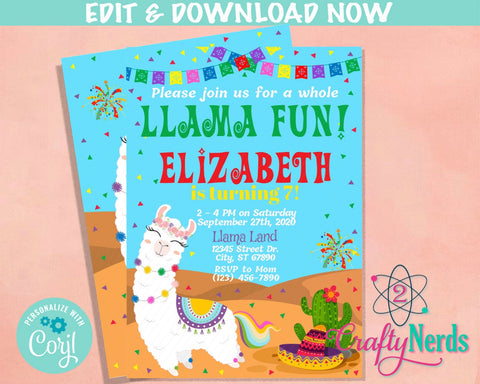 Llama Party Birthday Invitation, Llama & Cactus Invitation Llama Fiesta | Editable Instant Download | Edit Online NOW Corjl | INSTANT ACCESS