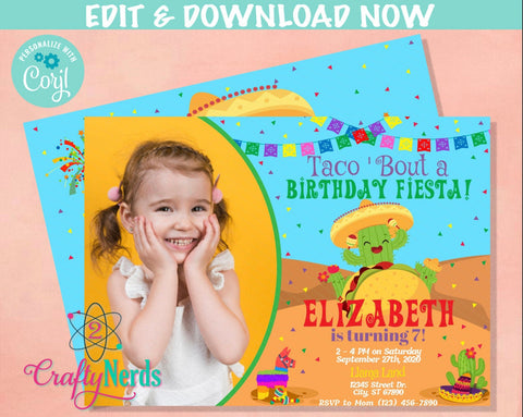 Taco Party Birthday Invitation with Photo, Taco Invitation, Taco Fiesta | Editable Instant Download | Edit Online NOW Corjl | INSTANT ACCESS
