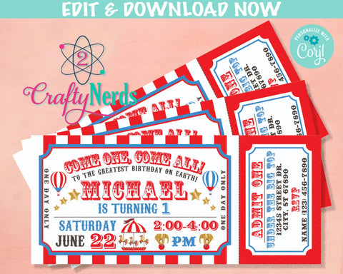 Carnival Ticket Birthday Invitation, Circus Party, Circus invitation | Editable Instant Download | Edit Online NOW Corjl | INSTANT ACCESS