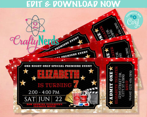 Movie Night Ticket Birthday Invitation, Movie Party, Movie invitation | Editable Instant Download | Edit Online NOW Corjl | INSTANT ACCESS