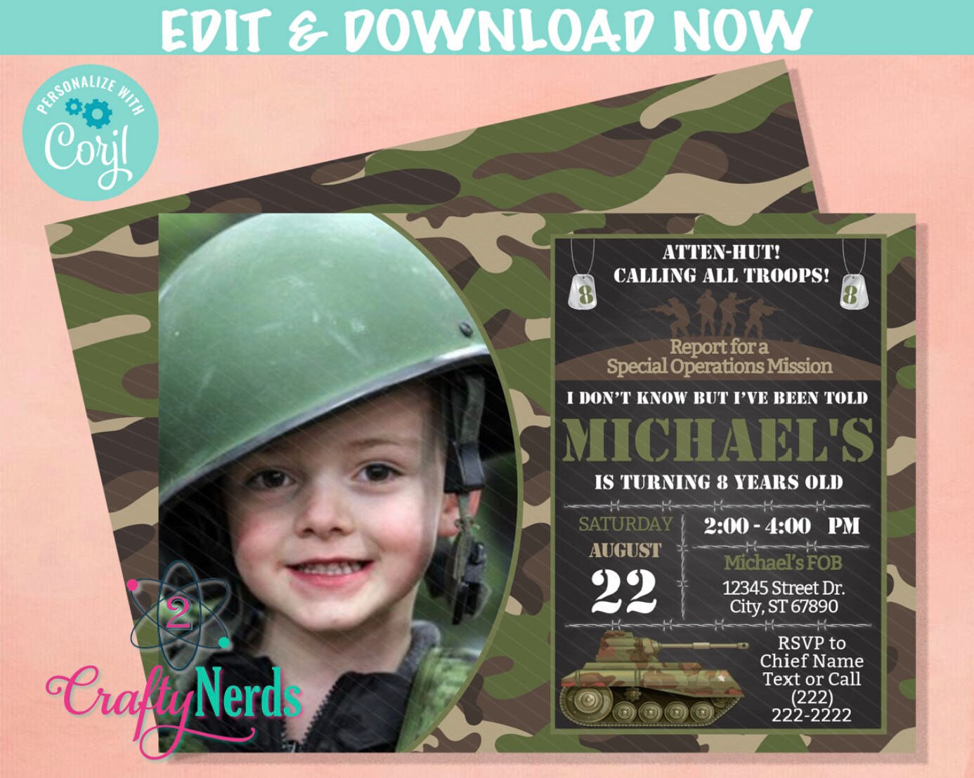 Army Party Birthday Invitation with Photo, Military Party Soldier Party | Editable Instant Download | Edit Online NOW Corjl | INSTANT ACCESS