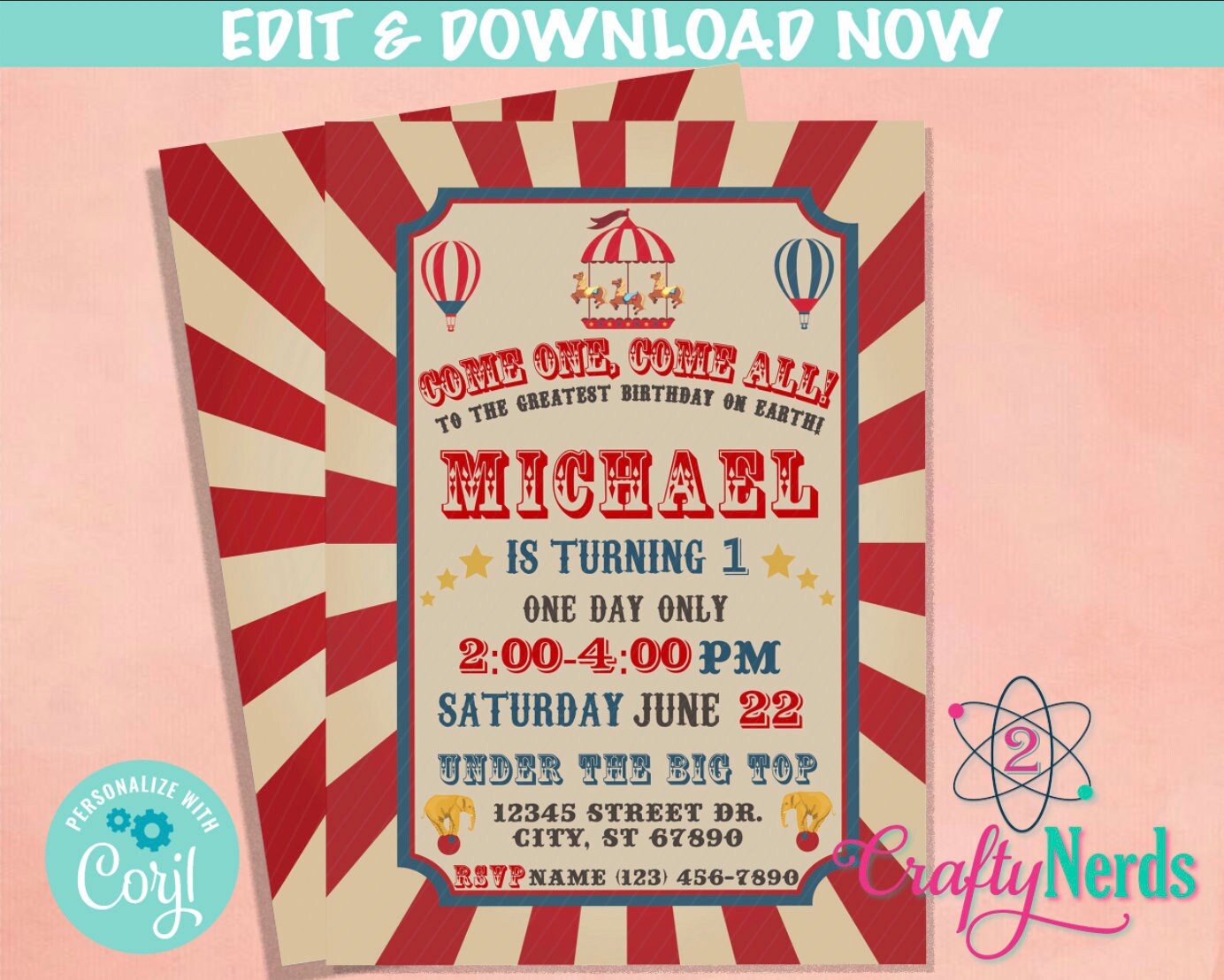 Carnival Circus Birthday Invitation, Circus Party, Carnival Theme | Editable Instant Download | Edit Online NOW Corjl | INSTANT ACCESS