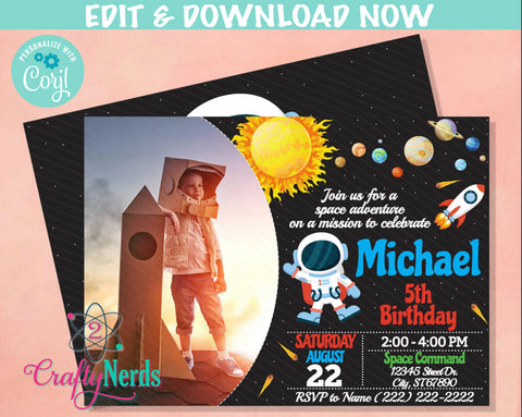 Space Party Birthday Invitation With Photo, Astronaut, Space Invitation | Editable Instant Download | Edit Online NOW Corjl | INSTANT ACCESS