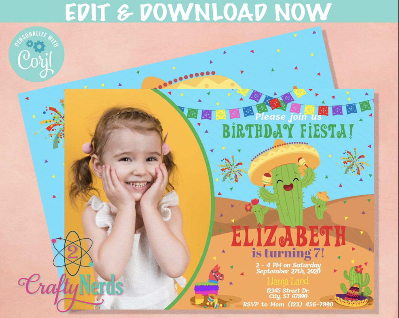 Cactus Party Birthday Invitation with Photo, Cactus Fiesta Invitation | Editable Instant Download | Edit Online NOW Corjl | INSTANT ACCESS