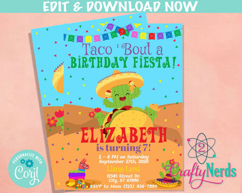 Taco Party Birthday Invitation, Taco & Cactus Invitation, Taco Fiesta | Editable Instant Download | Edit Online NOW Corjl | INSTANT ACCESS