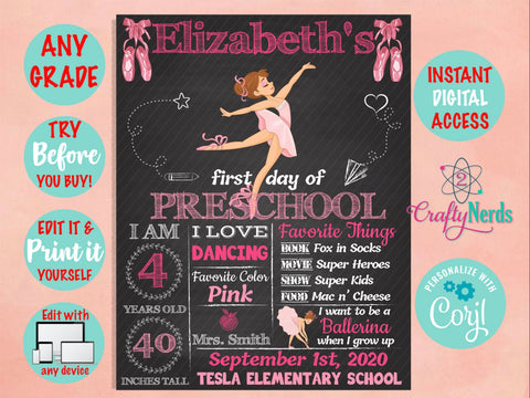 Ballerina First or Last Day of School Sign, Ballerina School Sign| Editable Instant Download | Edit Online NOW Corjl | INSTANT ACCESS