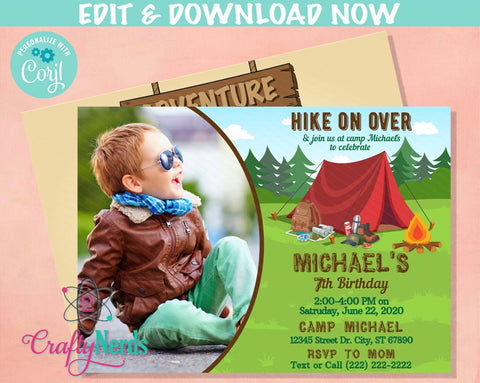 Camping Party Birthday Invitation With Photo, Park Party, Camping Theme | Editable Instant Download | Edit Online NOW Corjl | INSTANT ACCESS