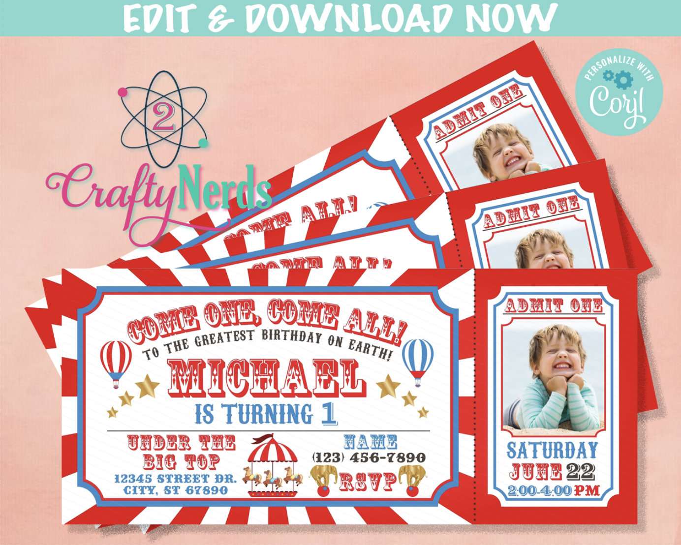 Carnival Ticket Birthday Invitation With Picture, Circus invitation Photo | Editable Instant Download Edit Online NOW Corjl | INSTANT ACCESS