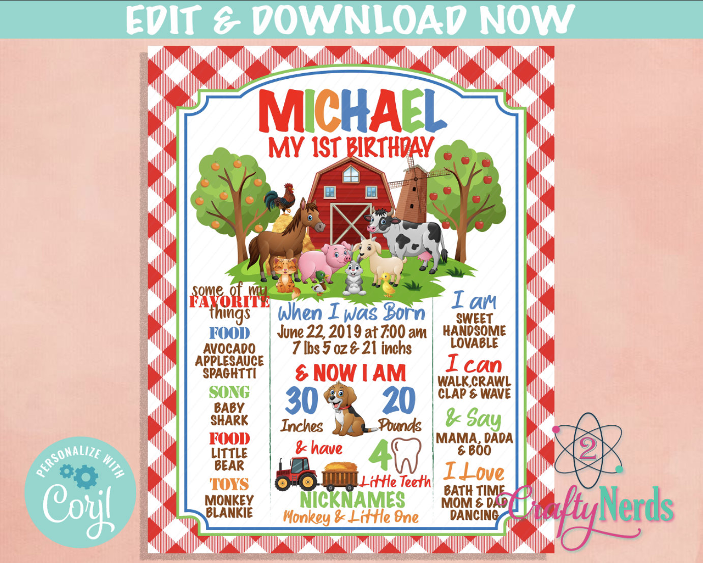 Farm Birthday Sign, Farm animals Birthday Board Milestone Birthday Sign | Editable Instant Download | Edit Online NOW Corjl | INSTANT ACCESS