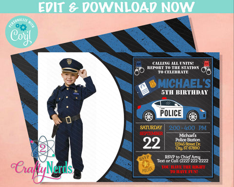 Police Birthday Invitation with Photo, Police Party, Cop invitation | Editable Instant Download | Edit Online NOW Corjl | INSTANT ACCESS