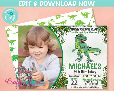 Dinosaur Birthday Party Invitation With Photo, Dinosaur Party, Dino | Editable Instant Download | Edit Online NOW Corjl | INSTANT ACCESS