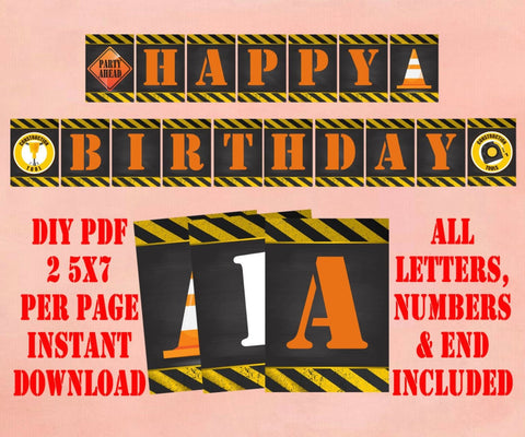 Construction Banner All Letters Numbers and Ends, INSTANT DOWNLOAD, Digital PDF File, Construction Birthday Banner, Construction Banner