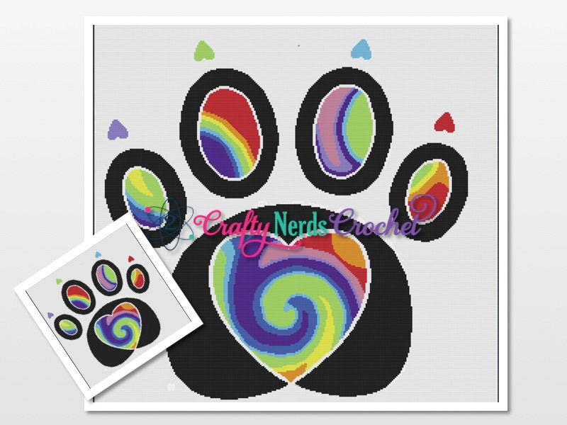 Rainbow Paw Pattern Graph With Single Crochet Written, Dog Graphgan, Paw Blanket, Paw Crochet Pattern, Dog Paw Pattern, Rescue Dog, Rainbow