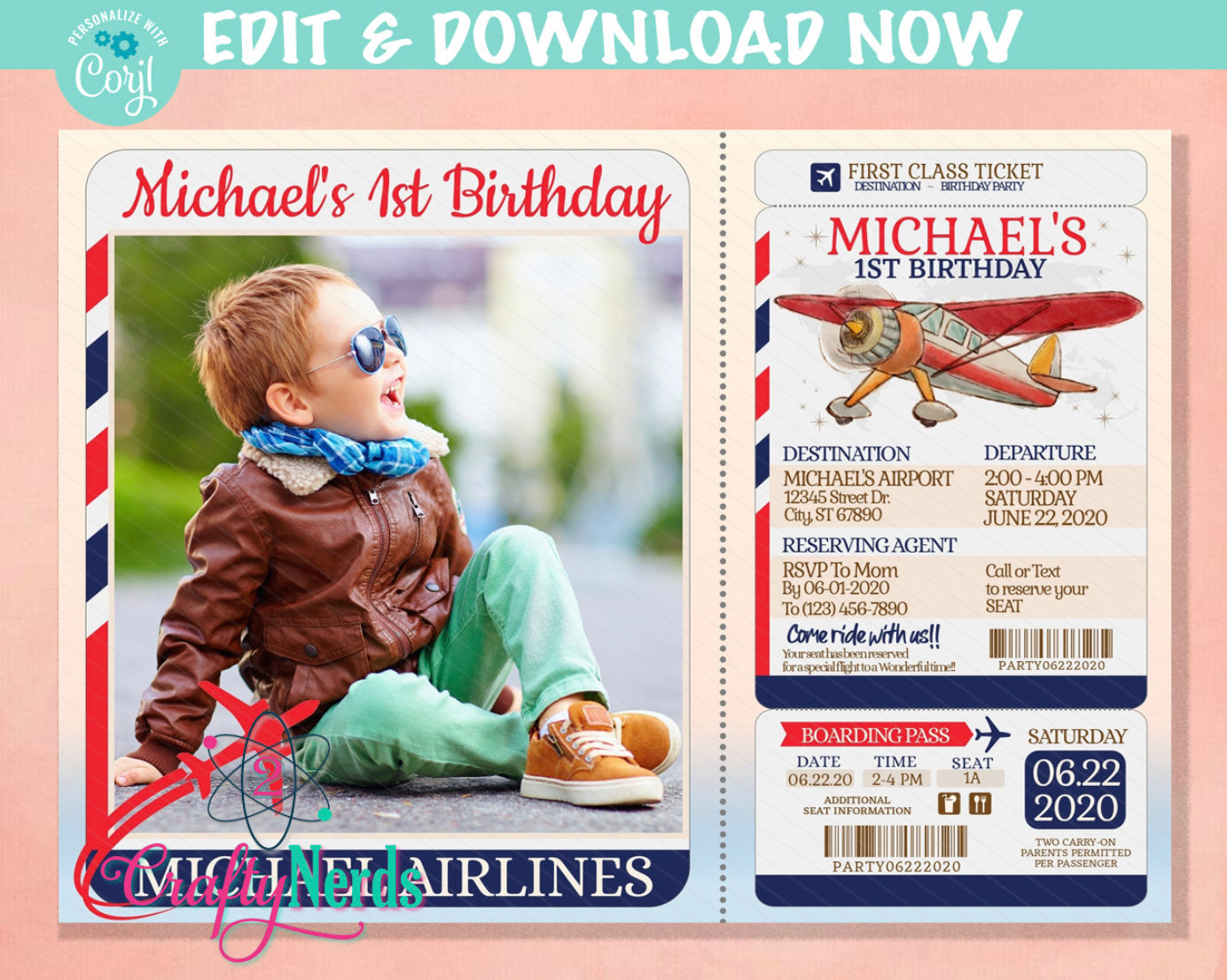 Airplane Ticket Birthday Invitation With Photo, Airplane Party, Vintage | Editable Instant Download | Edit Online NOW Corjl | INSTANT ACCESS