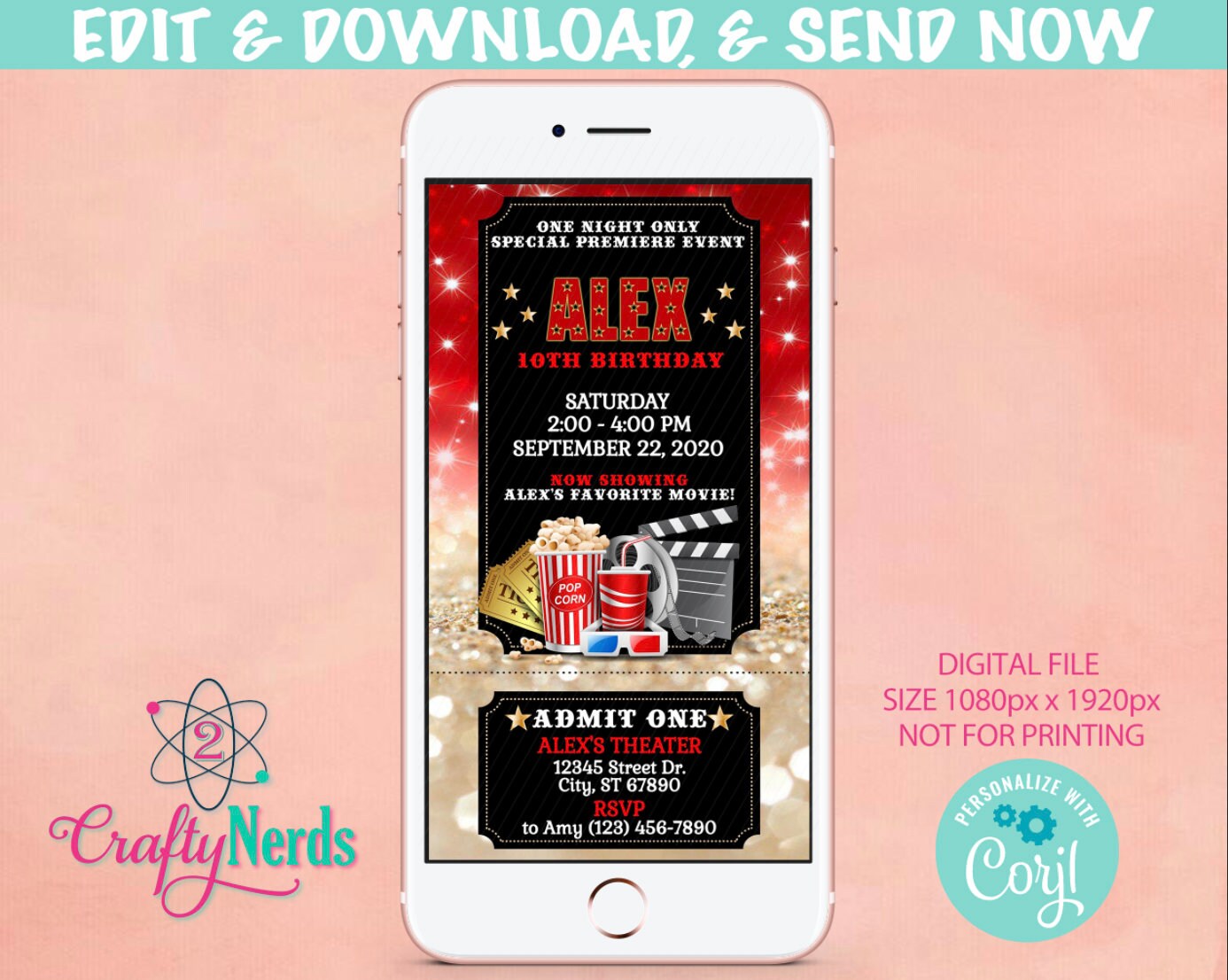 Movie Night Ticket Birthday Party Electronic Invitation, Movie Evite | Editable Instant Download | Edit Online NOW Corjl | INSTANT ACCESS