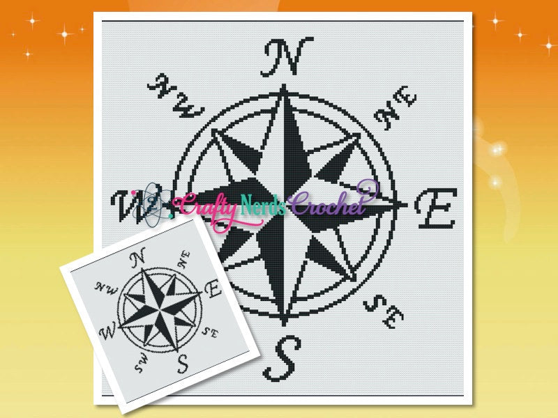 Compass Rose Pattern Graph With Single Crochet SC Written, Compass Graphgan, Compass Blanket, Compass Crochet Pattern, Compass
