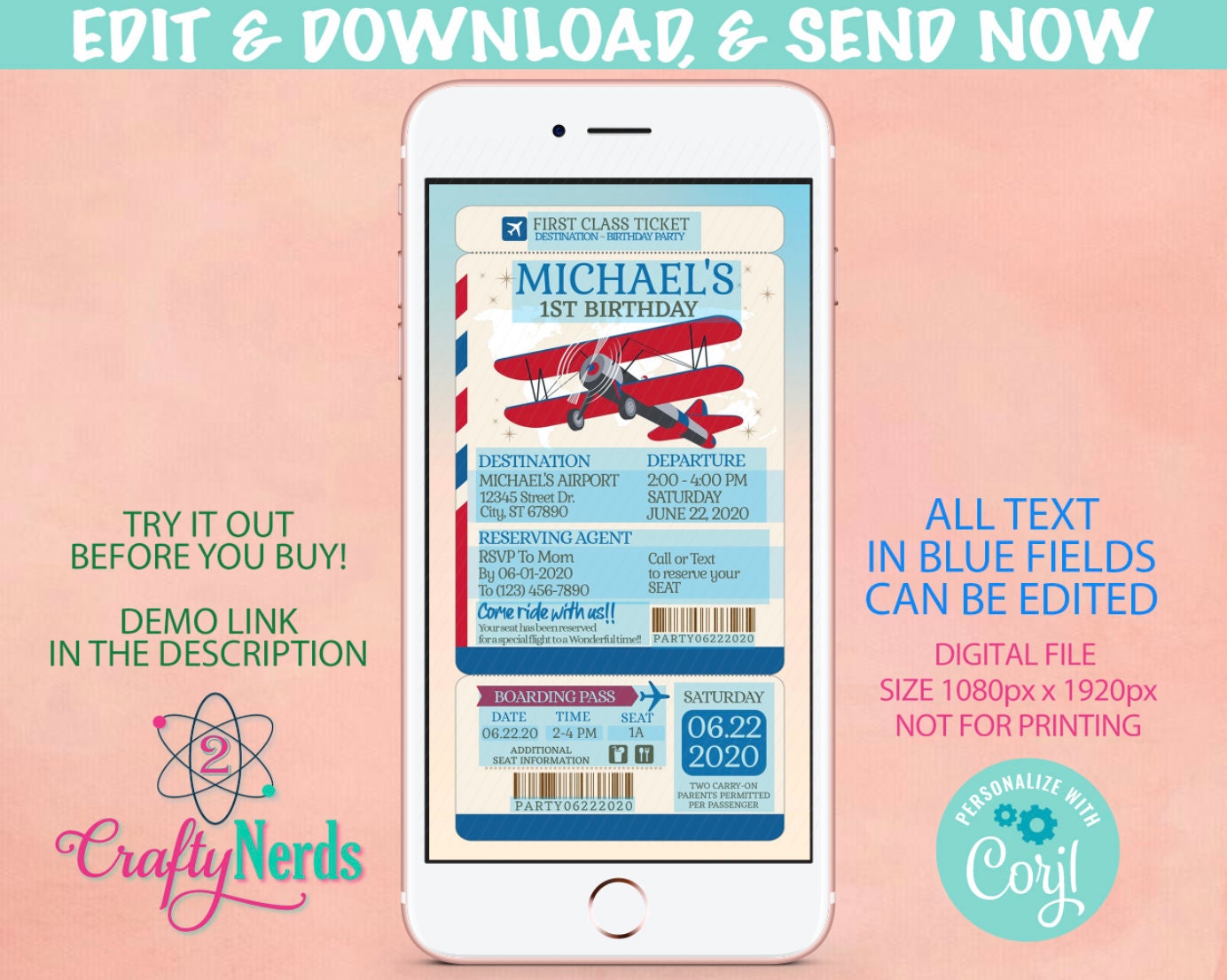 Airplane Ticket Birthday Party Electronic Invitation, Airplane Evite | Editable Instant Download | Edit Online NOW Corjl | INSTANT ACCESS