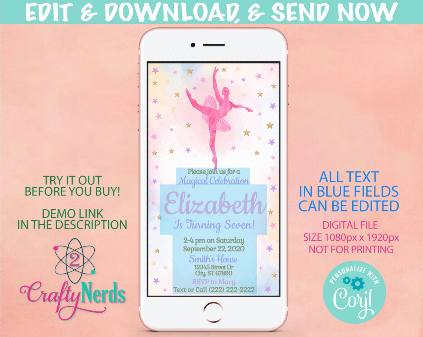 Ballerina Birthday Party Electronic Invitation, Dancer, Ballerina Evite | Editable Instant Download | Edit Online NOW Corjl | INSTANT ACCESS