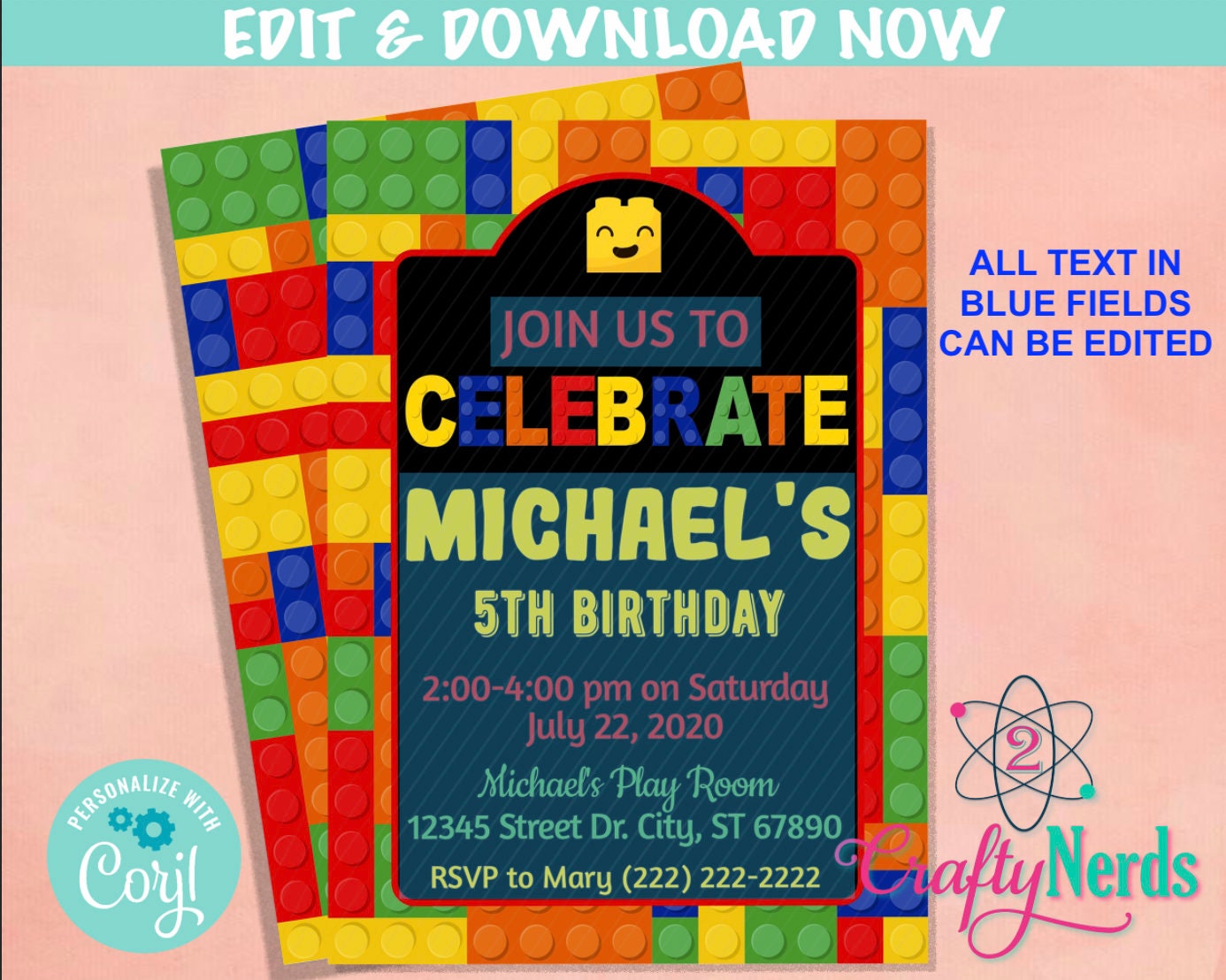 Colorful Building Blocks Birthday Invitation, Blocks Birthday Party | Editable Instant Download | Edit Online NOW Corjl | INSTANT ACCESS