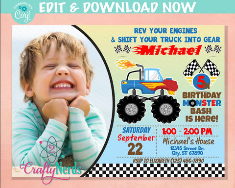 Monster Truck Party Birthday Invitation With photo, Truck invitation | Editable Instant Download | Edit Online NOW Corjl | INSTANT ACCESS