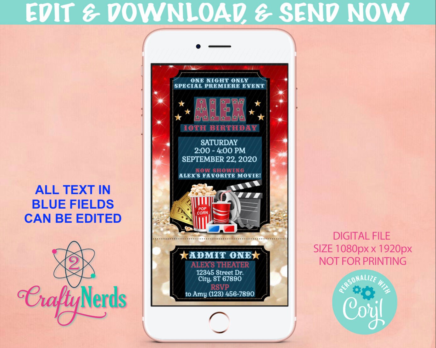 Movie Night Ticket Birthday Party Electronic Invitation, Movie Evite | Editable Instant Download | Edit Online NOW Corjl | INSTANT ACCESS