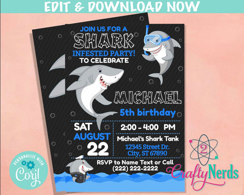 Shark Birthday Invitation, Shark Party, Shark Theme | Editable Instant Download | Edit Online NOW Corjl | INSTANT ACCESS