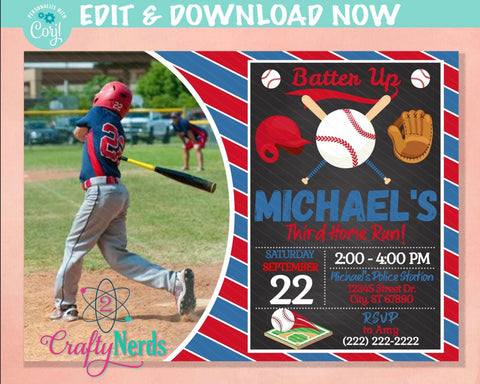 Baseball Birthday Invitation With Photo, Sport Invitation, All Star | Editable Instant Download | Edit Online NOW Corjl | INSTANT ACCESS