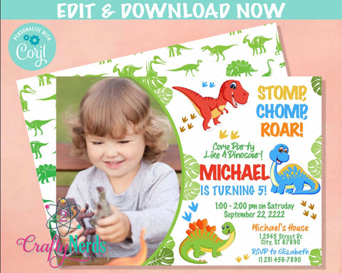 Dinosaur Birthday Party Invitation With Photo, Dinosaur Party, Dino | Editable Instant Download | Edit Online NOW Corjl | INSTANT ACCESS